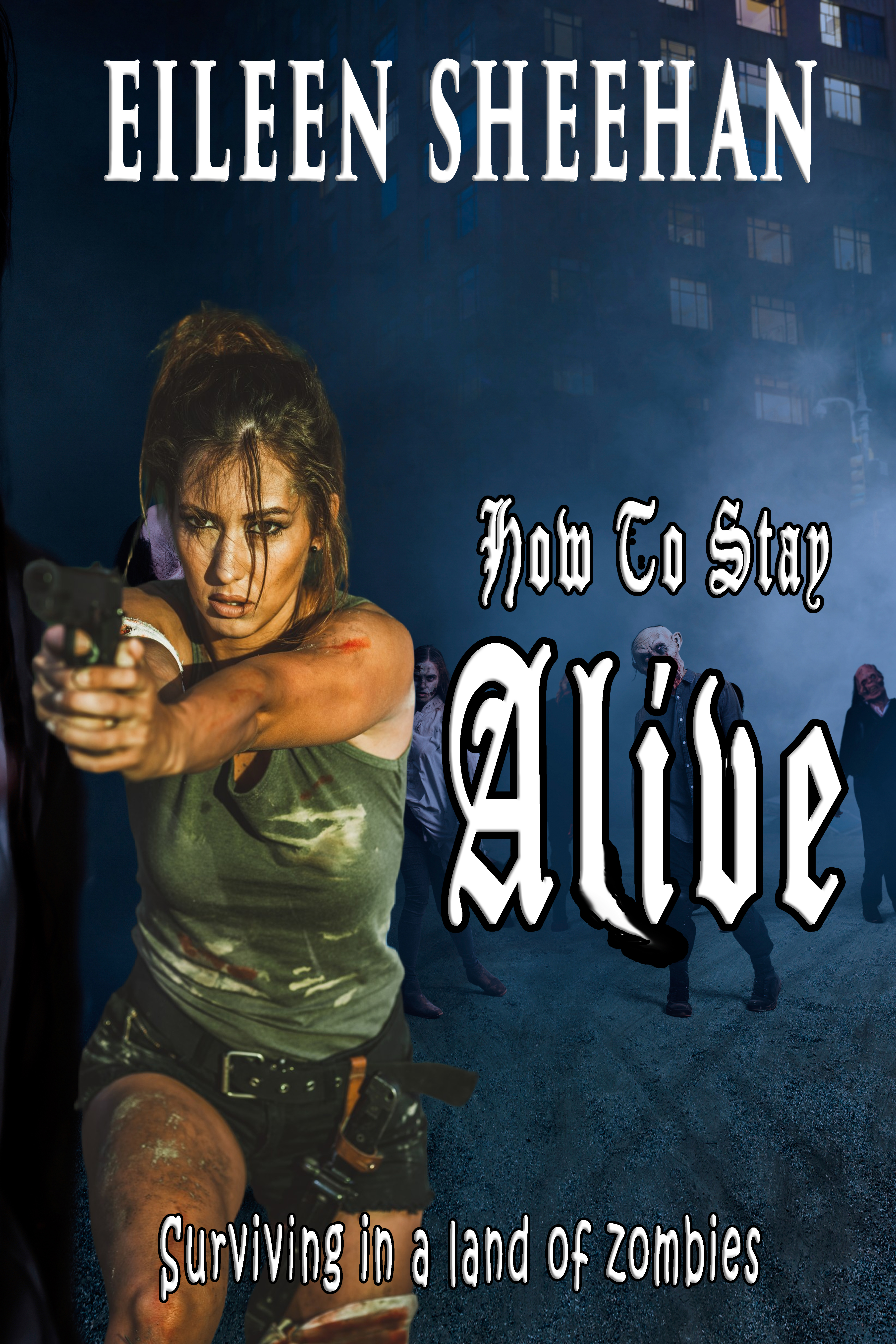 Zombies with bloody faces on night street in downtown, deadly monsters army. Horror in city, undead creepy crawlies attack, doomsday apocalypse